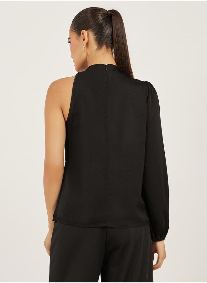 Solid High Neck Balloon Sleeve Blouse