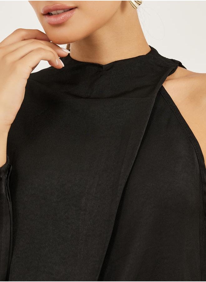 Solid High Neck Balloon Sleeve Blouse