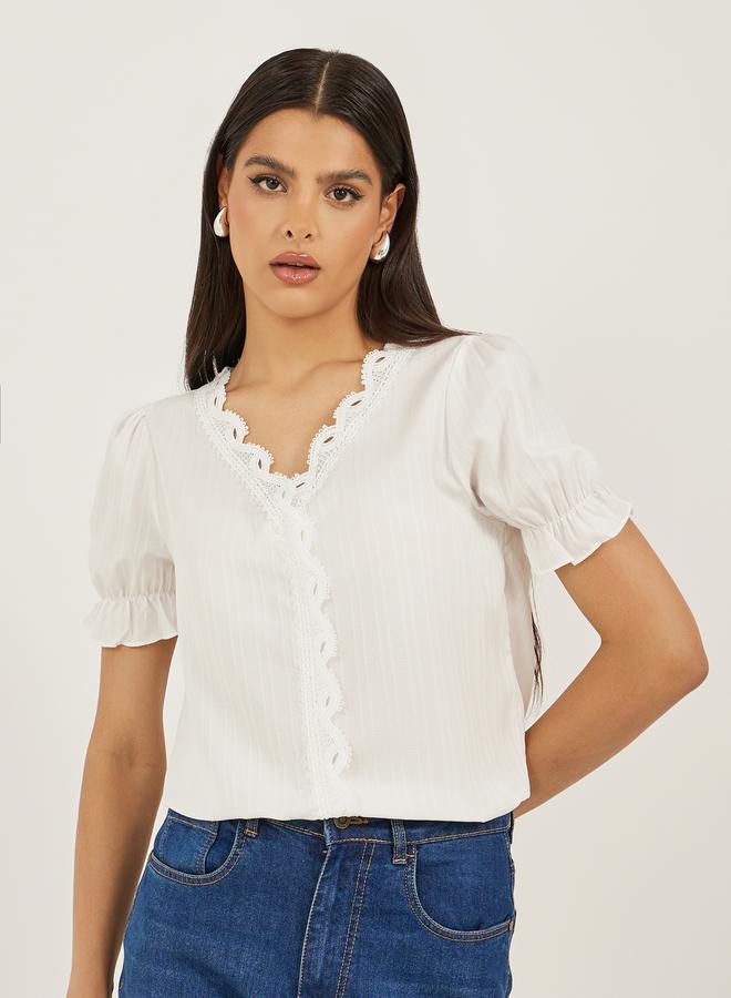 White Solid Lace Trim Blouse