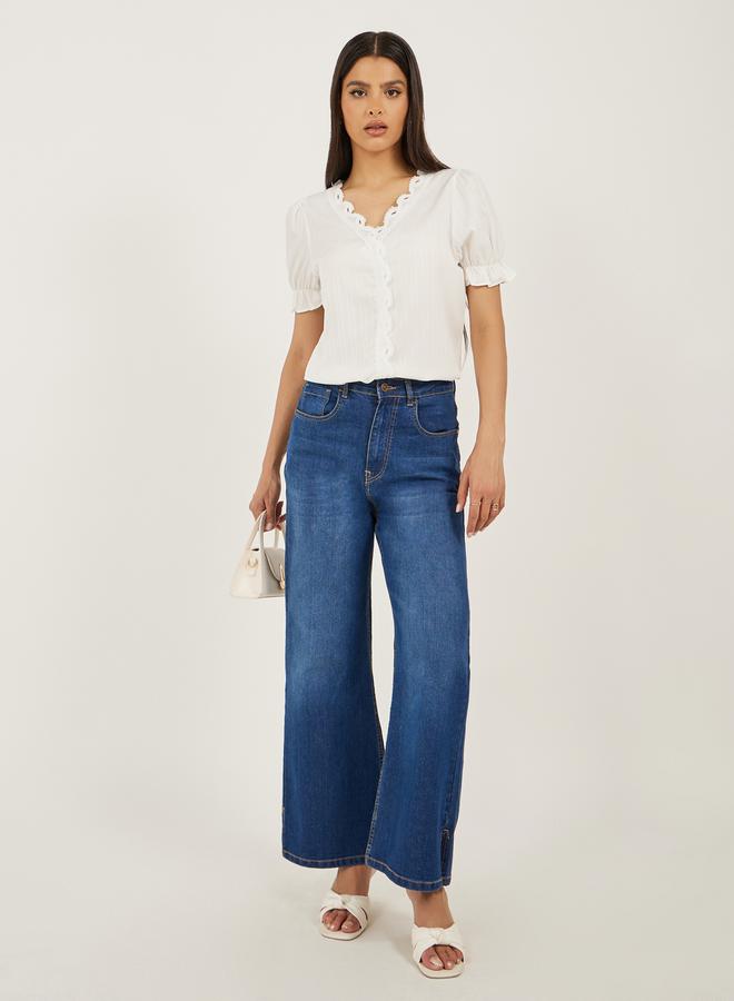 White Solid Lace Trim Blouse