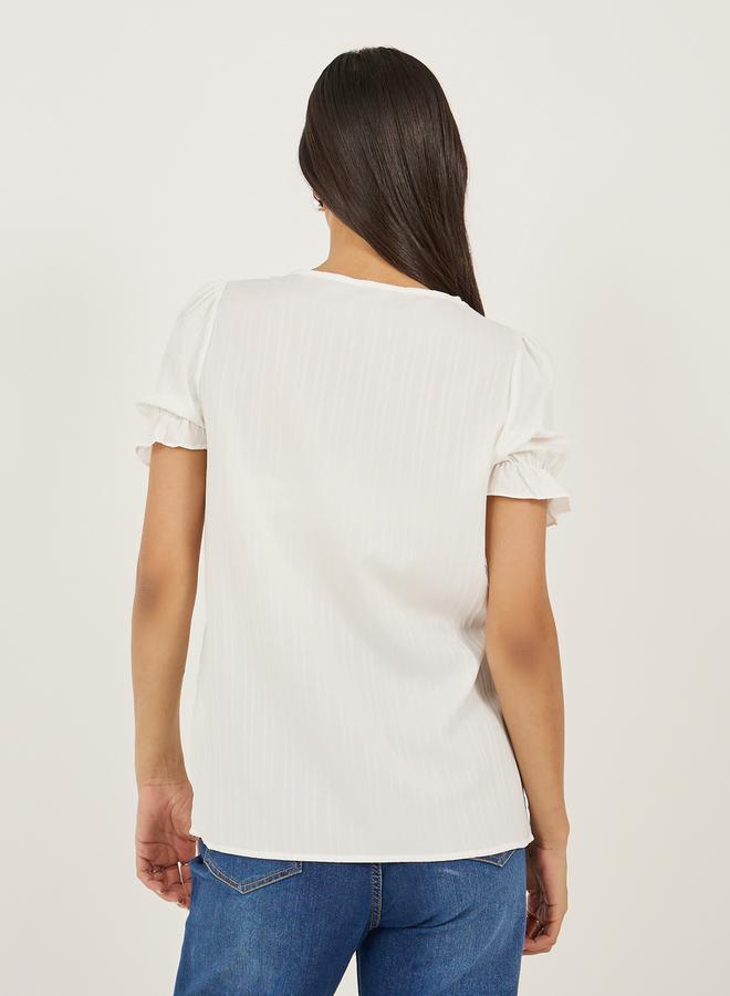 White Solid Lace Trim Blouse