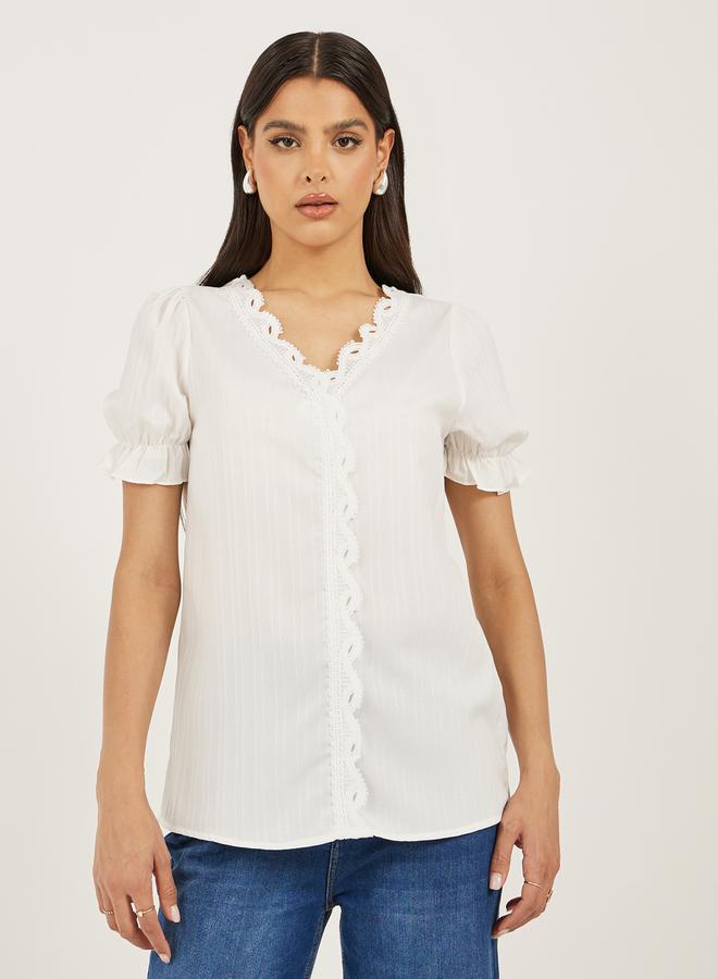 White Solid Lace Trim Blouse