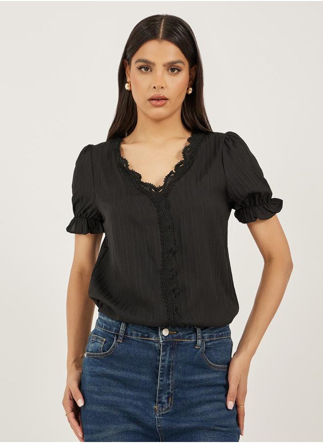 Black Solid V-Neck Lace Top
