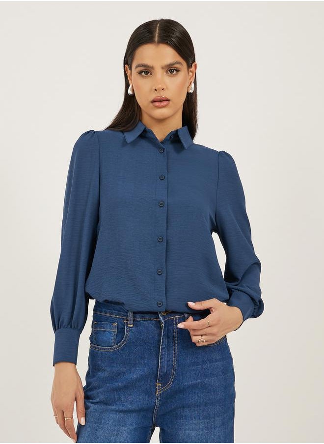Navy Blue Solid Long Sleeve Blouse