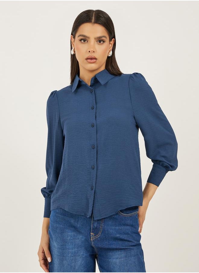Navy Blue Solid Long Sleeve Blouse