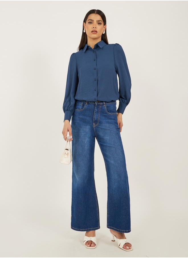 Navy Blue Solid Long Sleeve Blouse