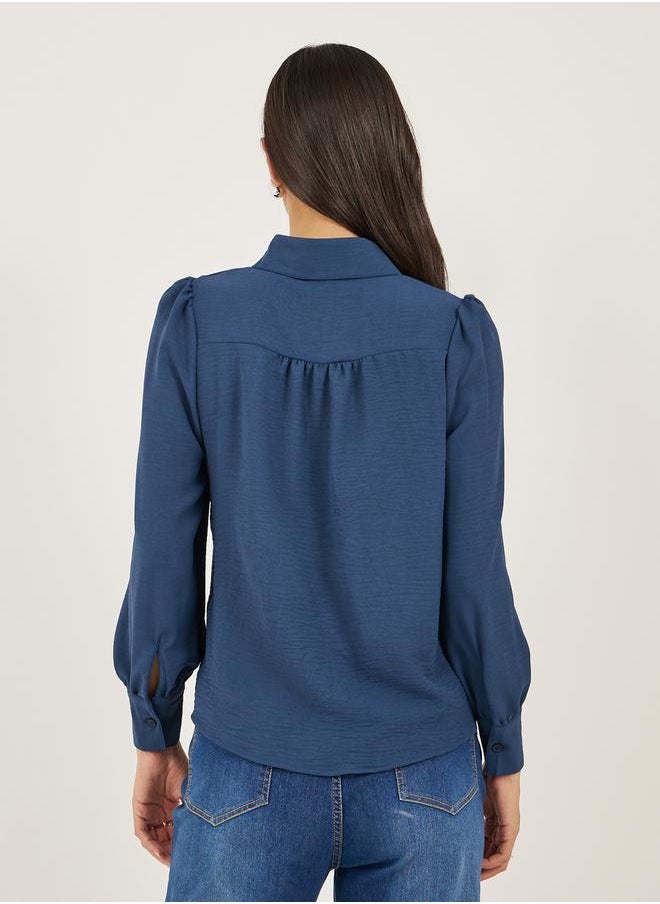 Navy Blue Solid Long Sleeve Blouse