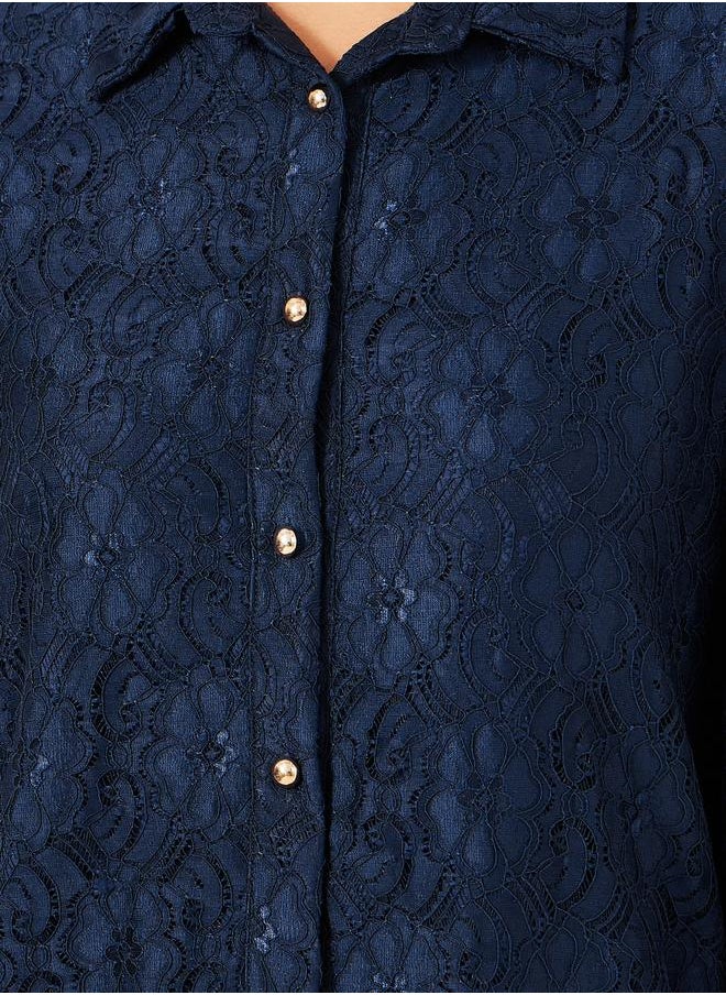 Navy Blue Lace Spread Collar Blouse