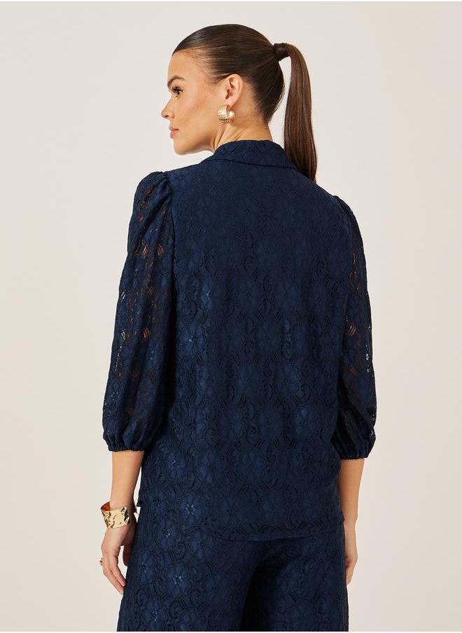 Navy Blue Lace Spread Collar Blouse