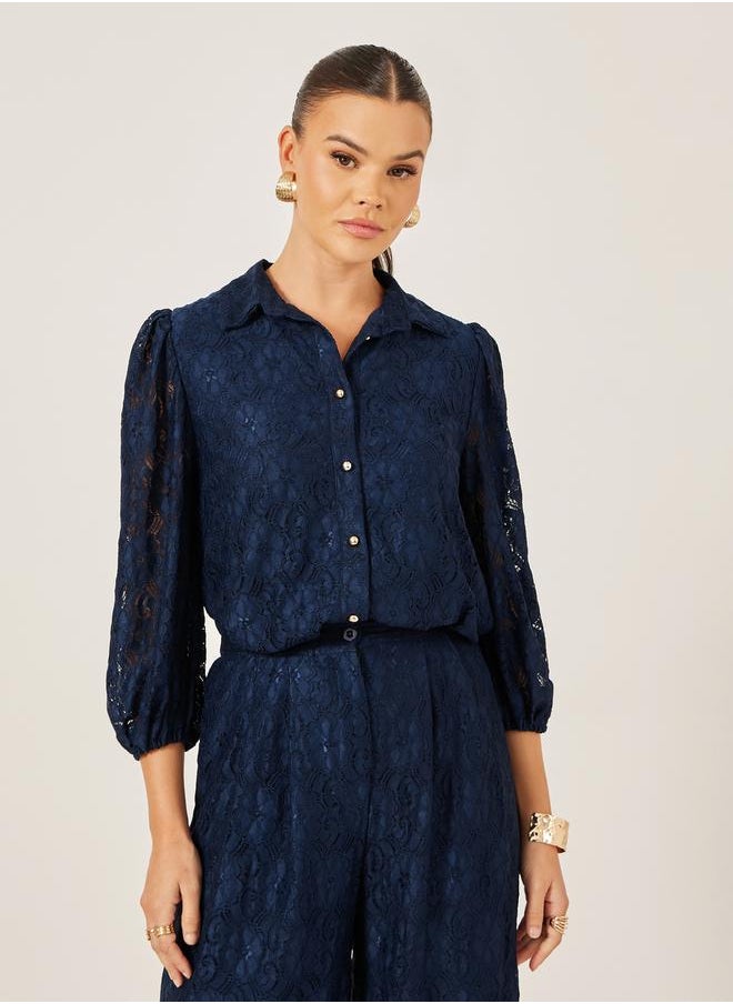Navy Blue Lace Spread Collar Blouse