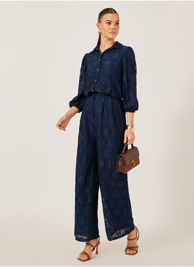 Navy Blue Lace Spread Collar Blouse