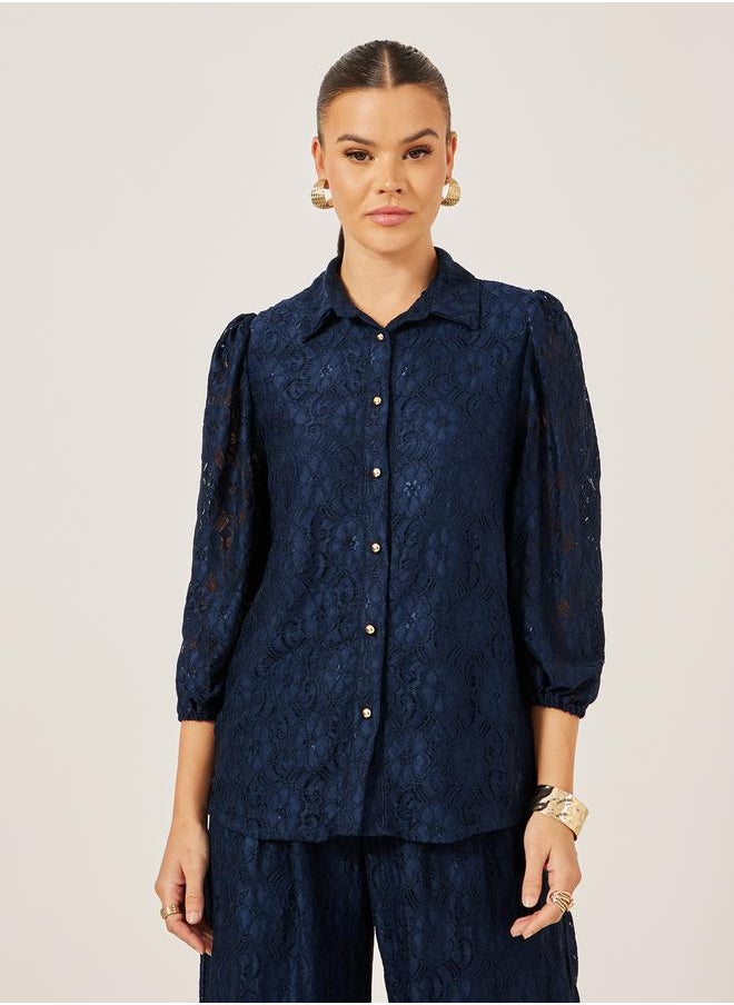 Navy Blue Lace Spread Collar Blouse