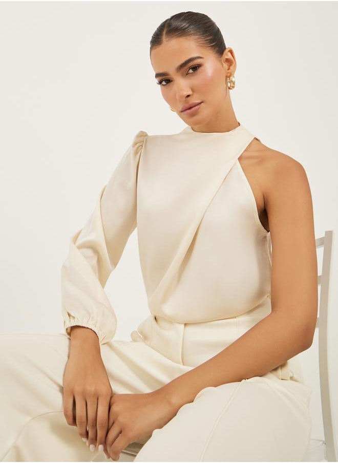 Solid High Neck Balloon Sleeve Blouse