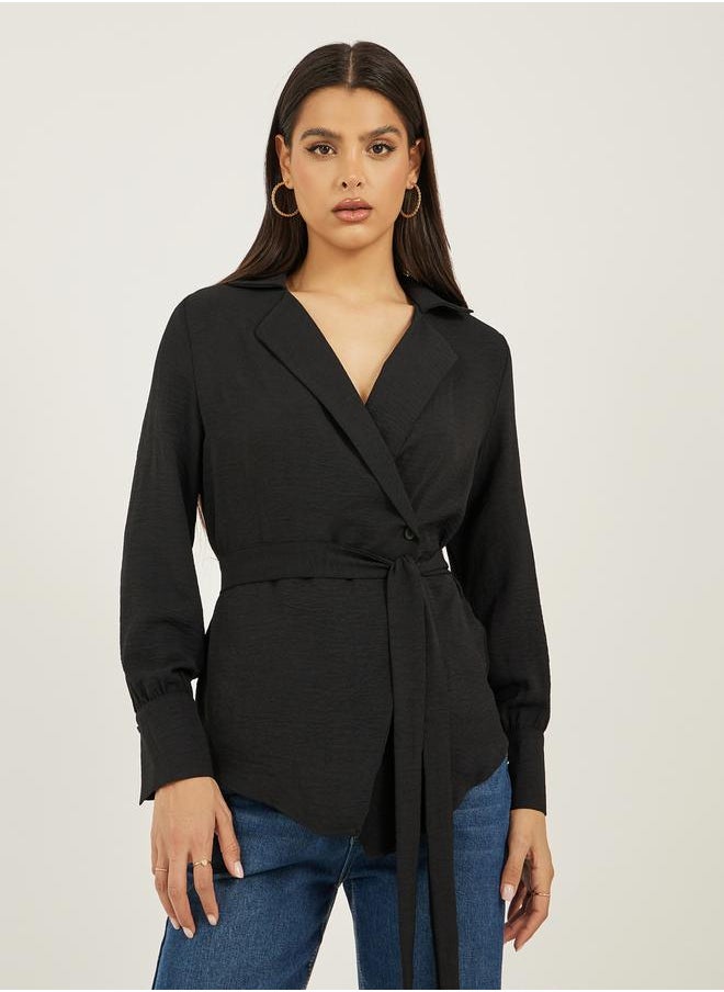Black Solid Wrap Belted Blouse