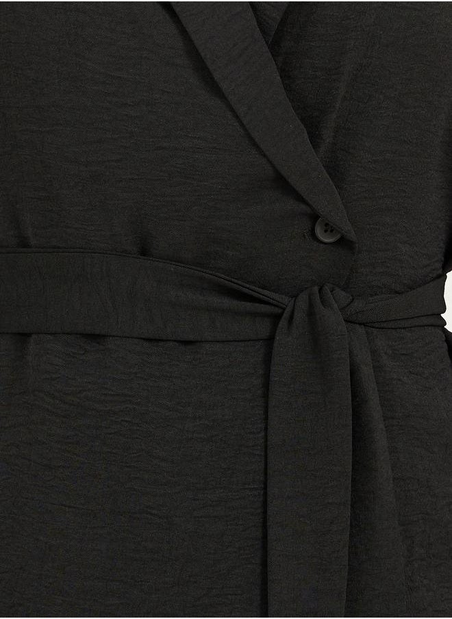Black Solid Wrap Belted Blouse