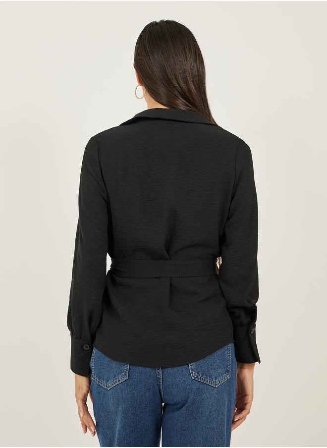 Black Solid Wrap Belted Blouse