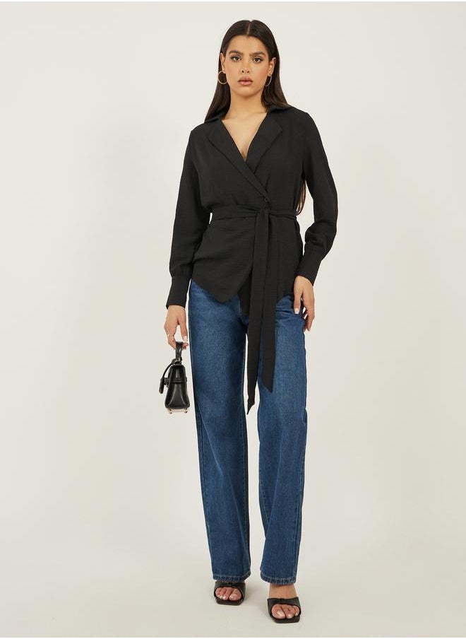 Black Solid Wrap Belted Blouse
