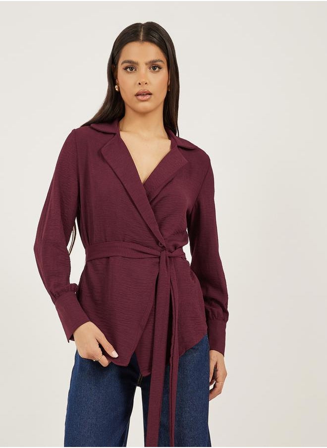 Burgundy Solid Wrap Belted Blouse
