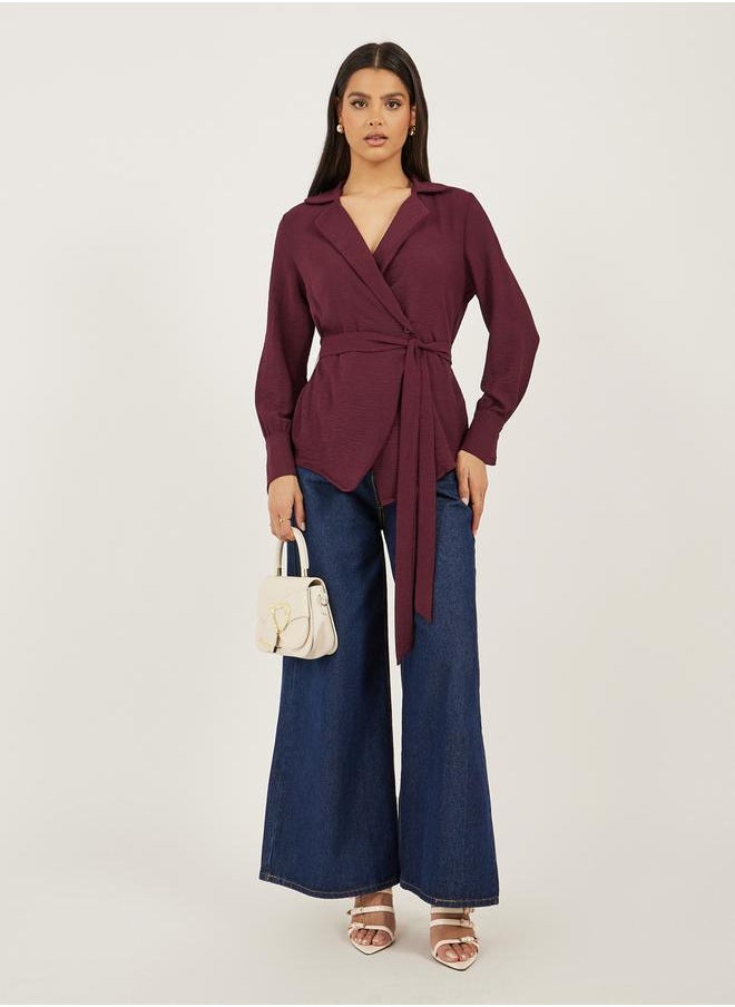 Burgundy Solid Wrap Belted Blouse