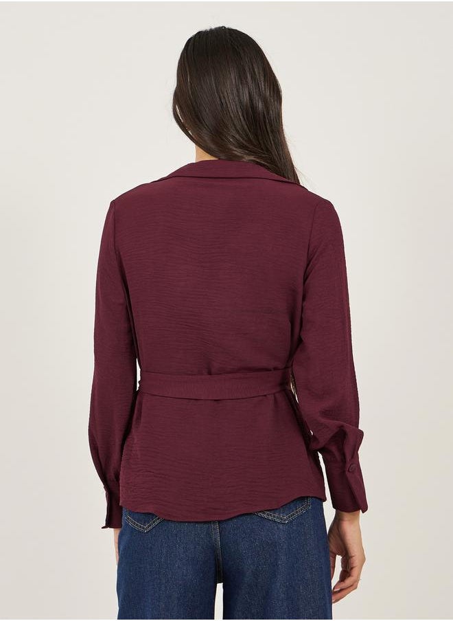 Burgundy Solid Wrap Belted Blouse