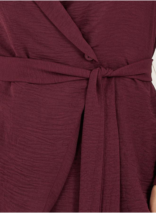 Burgundy Solid Wrap Belted Blouse