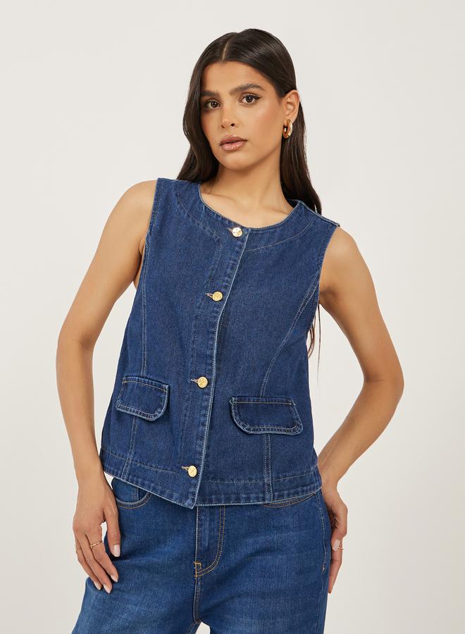 Denim Waistcoat with Pocket Detail