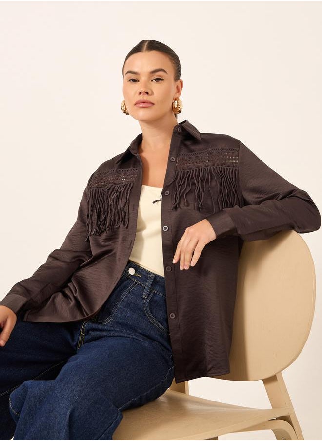 Solid Lace Insert Regular Fit Shirt with Fringe Detail
