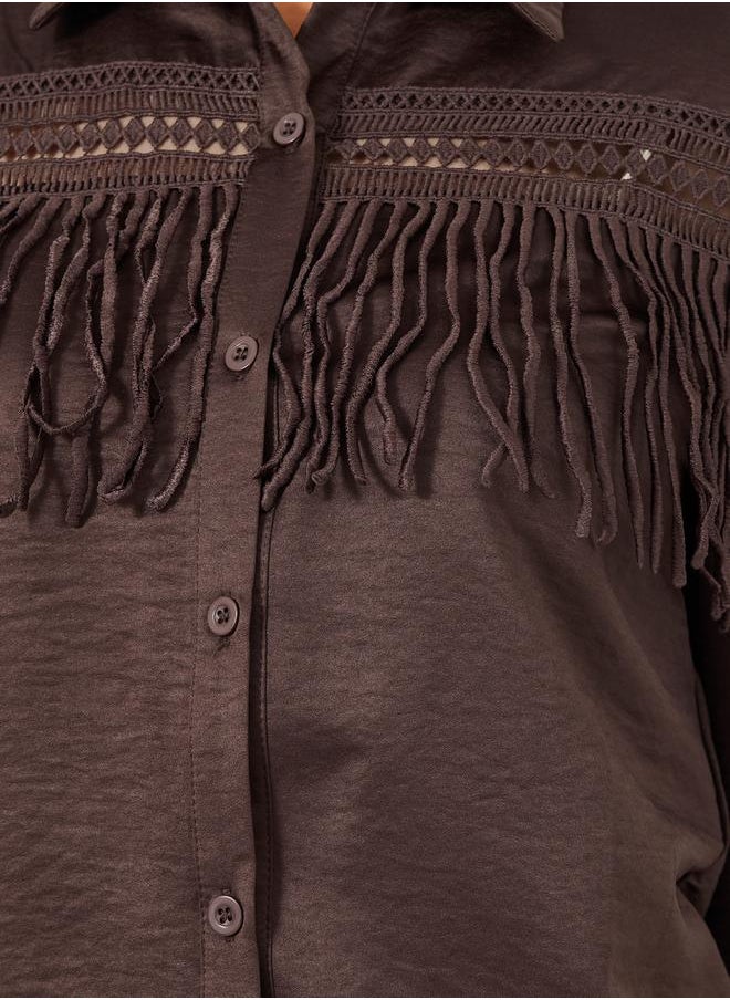 Solid Lace Insert Regular Fit Shirt with Fringe Detail