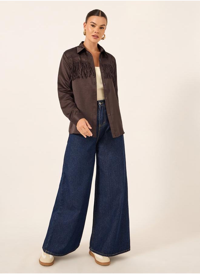 Solid Lace Insert Regular Fit Shirt with Fringe Detail