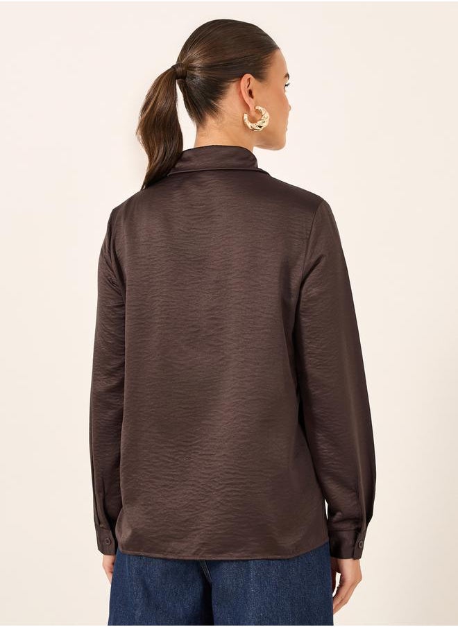 Solid Lace Insert Regular Fit Shirt with Fringe Detail