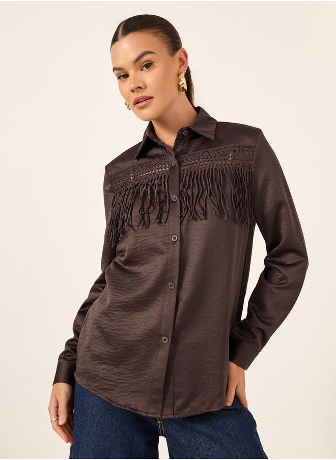 Solid Lace Insert Regular Fit Shirt with Fringe Detail