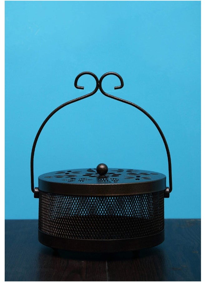 Mosquito Coil Box Iron Holder Household Censer Repellent Incense Coil Durable Burner Handle Classical Design Portable Metal Retro Round Household Easy to Carry with Lid
