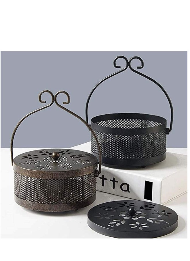 Mosquito Coil Box Iron Holder Household Censer Repellent Incense Coil Durable Burner Handle Classical Design Portable Metal Retro Round Household Easy to Carry with Lid