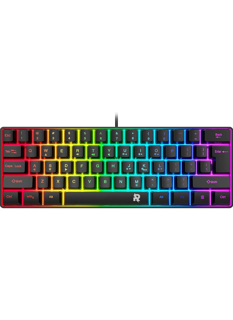 61 Keys ROCK POW 60% Wired Gaming Keyboard, RGB Backlit Ultra-Compact Mini Keyboard, Waterproof Small Compact 61 Keys Keyboard for PC/Mac Gamer, Typist, Travel, Easy to Carry on Business Trip