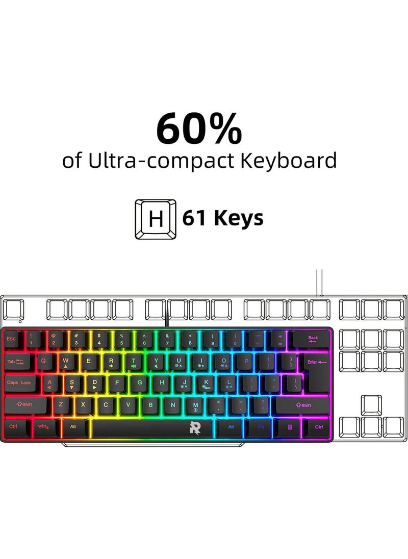 61 Keys ROCK POW 60% Wired Gaming Keyboard, RGB Backlit Ultra-Compact Mini Keyboard, Waterproof Small Compact 61 Keys Keyboard for PC/Mac Gamer, Typist, Travel, Easy to Carry on Business Trip