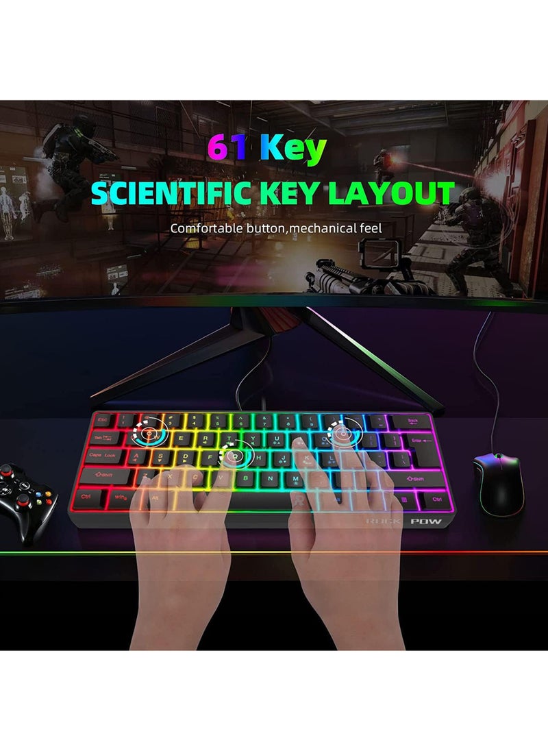 61 Keys ROCK POW 60% Wired Gaming Keyboard, RGB Backlit Ultra-Compact Mini Keyboard, Waterproof Small Compact 61 Keys Keyboard for PC/Mac Gamer, Typist, Travel, Easy to Carry on Business Trip