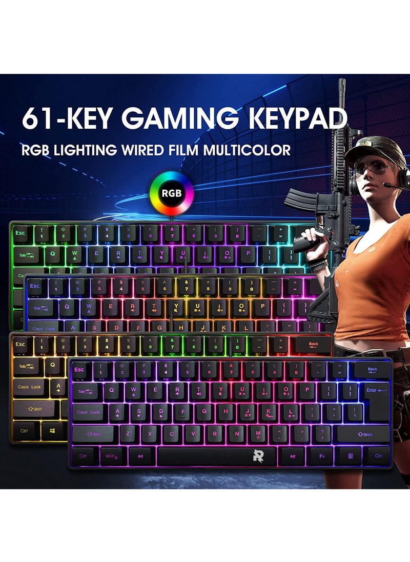 61 Keys ROCK POW 60% Wired Gaming Keyboard, RGB Backlit Ultra-Compact Mini Keyboard, Waterproof Small Compact 61 Keys Keyboard for PC/Mac Gamer, Typist, Travel, Easy to Carry on Business Trip