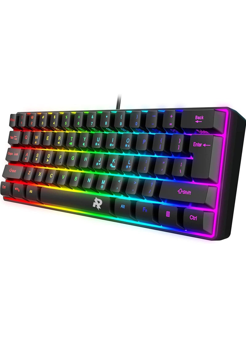 61 Keys ROCK POW 60% Wired Gaming Keyboard, RGB Backlit Ultra-Compact Mini Keyboard, Waterproof Small Compact 61 Keys Keyboard for PC/Mac Gamer, Typist, Travel, Easy to Carry on Business Trip