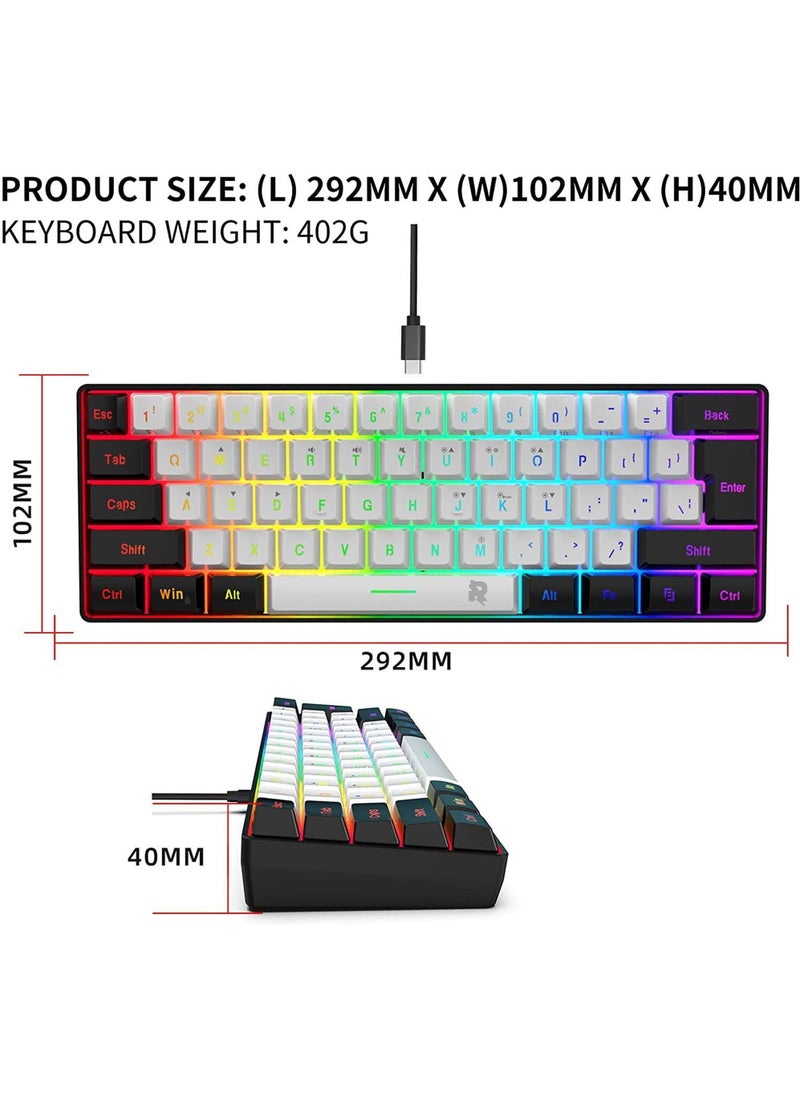 60% Wired Gaming Keyboard, RGB Backlit Ultra-Compact Mini Keyboard, Waterproof Small Compact 61 Keys Keyboard for PC/Mac Gamer, Typist, Travel, Easy to Carry on Business Trip(Black-white)