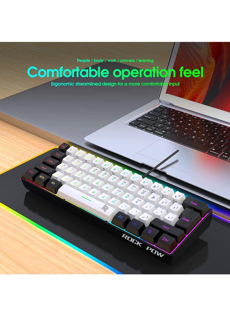 60% Wired Gaming Keyboard, RGB Backlit Ultra-Compact Mini Keyboard, Waterproof Small Compact 61 Keys Keyboard for PC/Mac Gamer, Typist, Travel, Easy to Carry on Business Trip(Black-white)