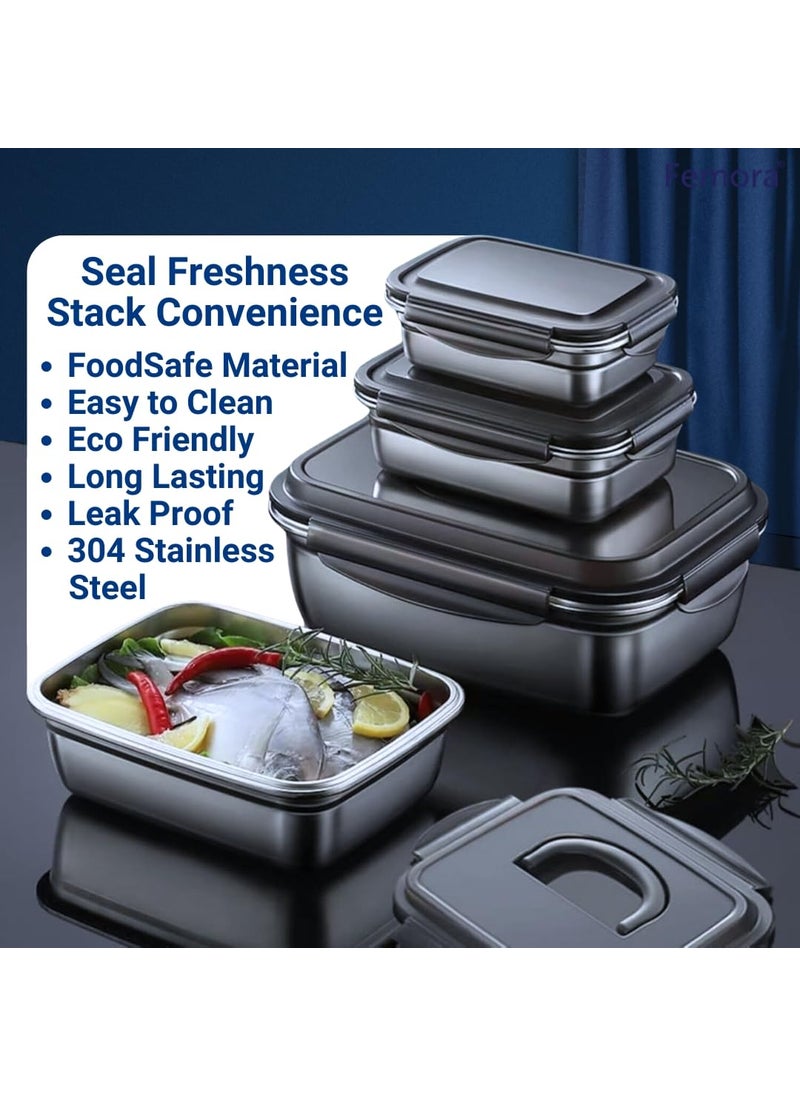 Femora High Steel Rectangle Heavy Duty Airtight Leakproof Unbreakable Lunch Box, Storage Container With Lock Lid for Office-College-School |1 Year Warranty| (Set of 1-550ml)