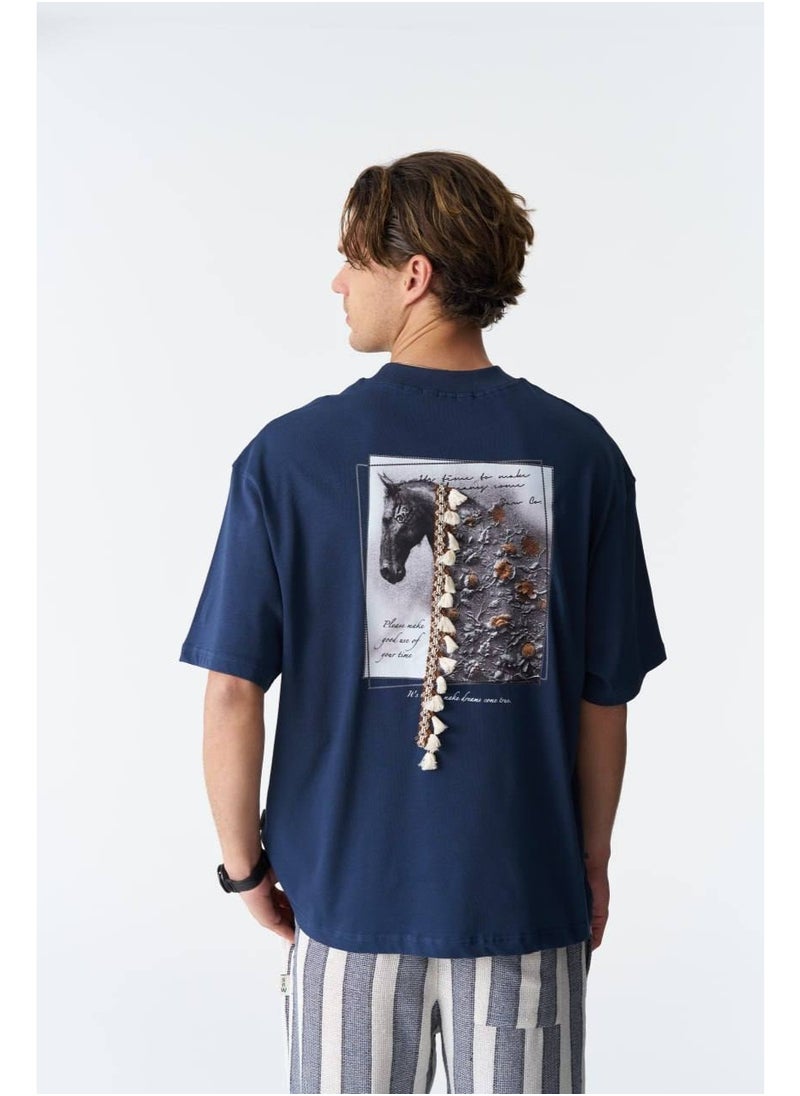 Navy Blue Unisex Graphic T-Shirt with Horse Print