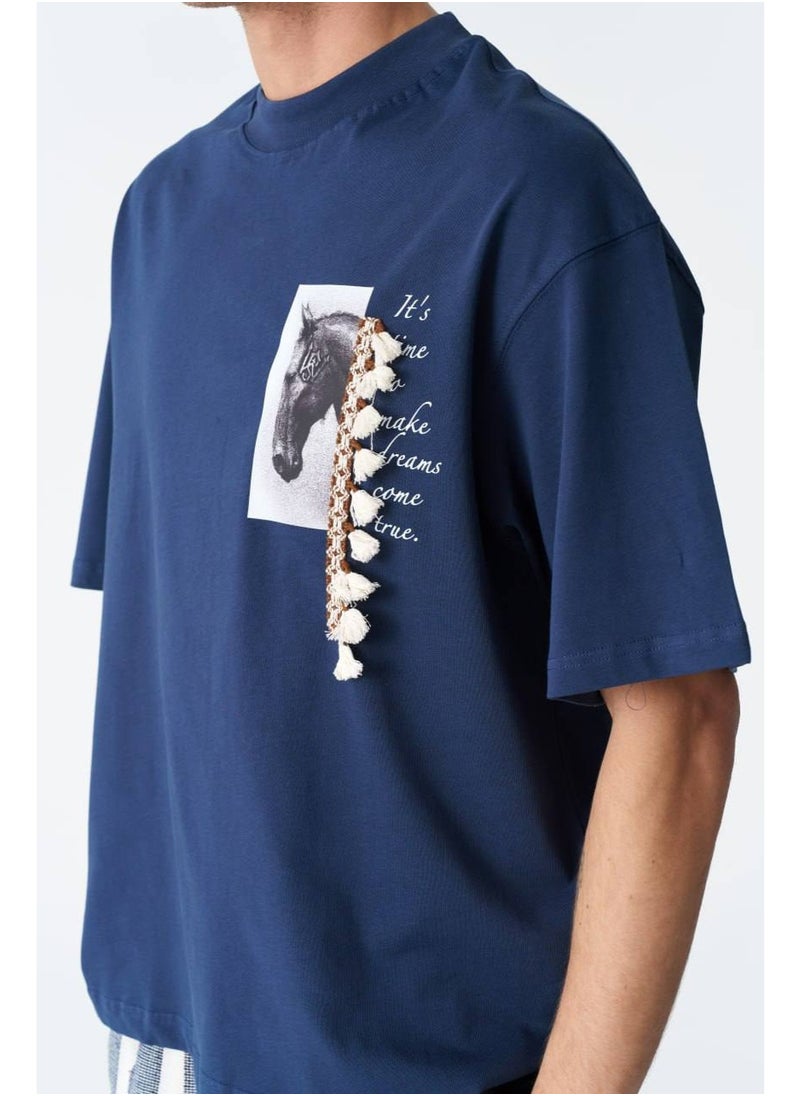 Navy Blue Unisex Graphic T-Shirt with Horse Print