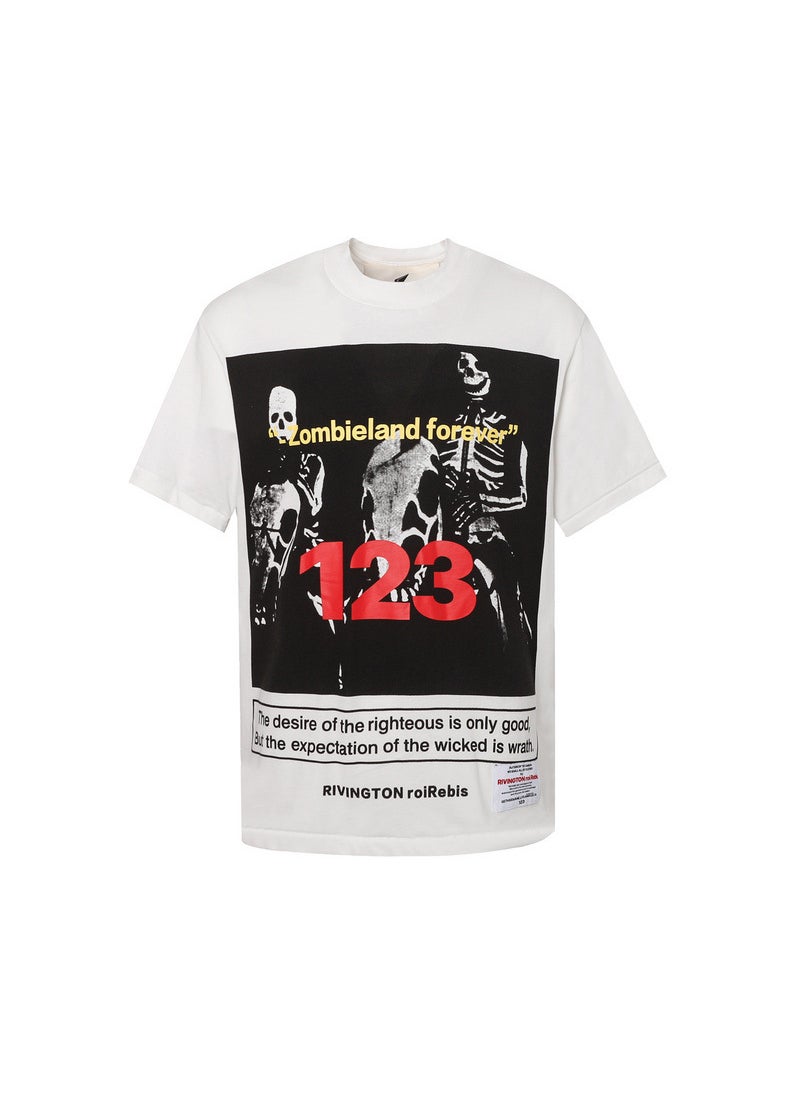 Vintage RRR123 Cartoon Skull Print Washed Loose Tee Men White