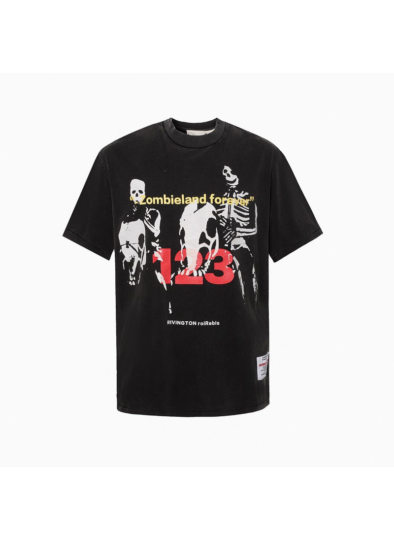 Vintage RRR123 Cartoon Skull Print Washed Loose Tee Men White