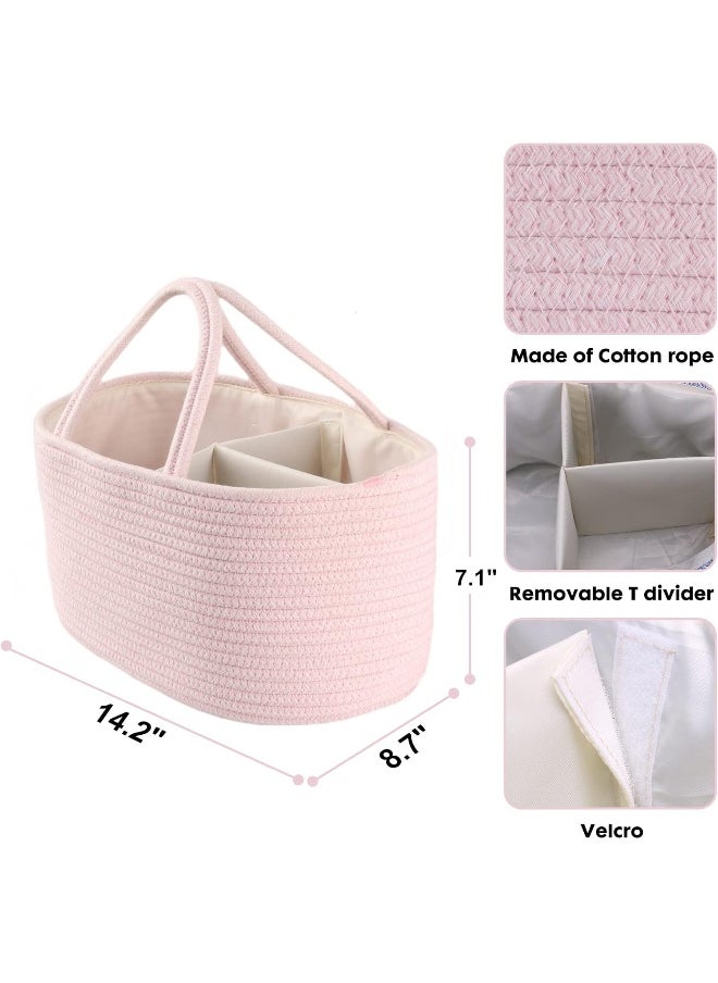 Baby Diaper Caddy Organizer for Girl Boy Rope Nursery Storage Bin Basket Portable Holder Tote Bag for Changing Table Car Travel Baby Shower Gifts Newborn Essentials Registry Must Have Items Pink