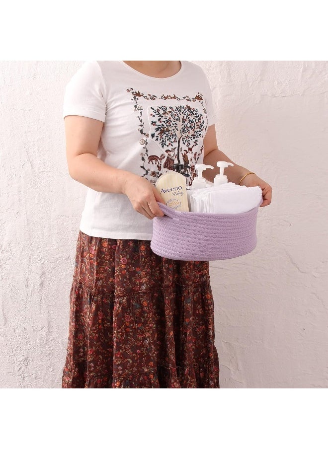 XUANGUO Small Woven Basket Cute Oval Cotton Rope Gifts Basket with Handle Empty Baby Wicker Storage Basket Nursery Box Bin Kids Organizer Cat Dog Toy Basket Easter Basket Light Purple Lavendor