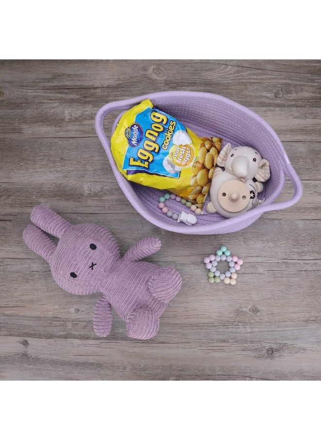 XUANGUO Small Woven Basket Cute Oval Cotton Rope Gifts Basket with Handle Empty Baby Wicker Storage Basket Nursery Box Bin Kids Organizer Cat Dog Toy Basket Easter Basket Light Purple Lavendor