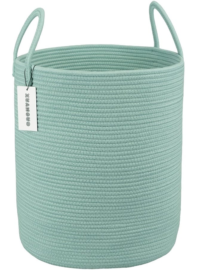 XUANGUO Cotton Rope Laundry Basket Hamper for Clothes Woven Storage Basket for Living Room Bedroom Boho Tall Rope Baskets for Blanket Toys Pillow Towels Baby Nursery Hamper Bin Large light green