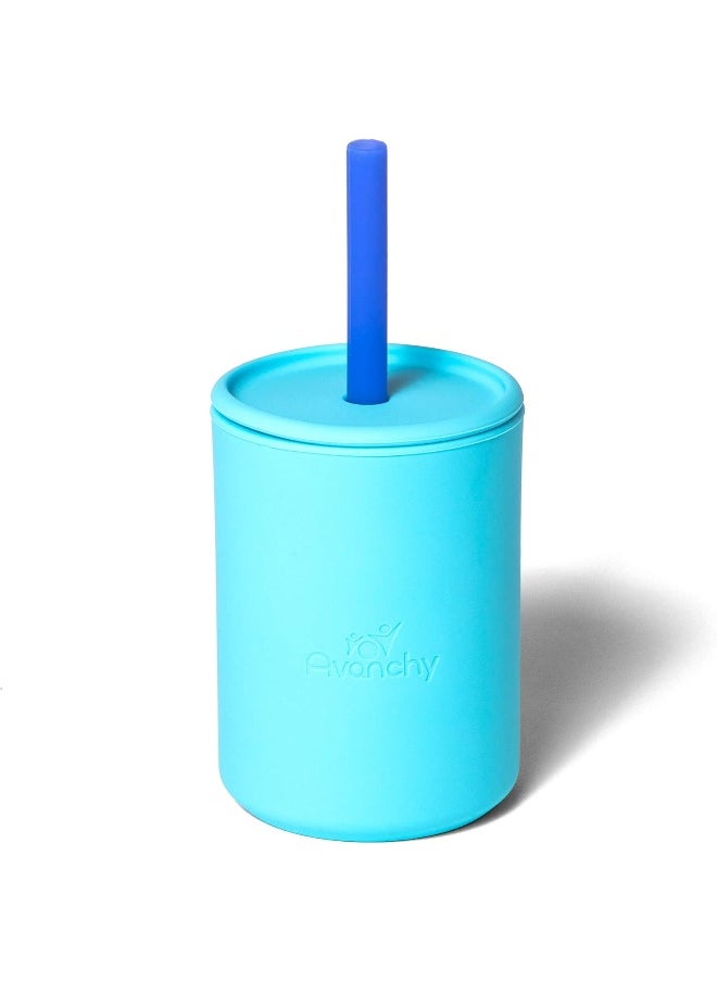 Avanchy Silicone Training Sippy Cup with Straw Lid – Tiny Cup for Babies 6+ Months to Toddlers 1 Year Old – 5 oz Infant Water Cup for Baby Led Weaning, Blue